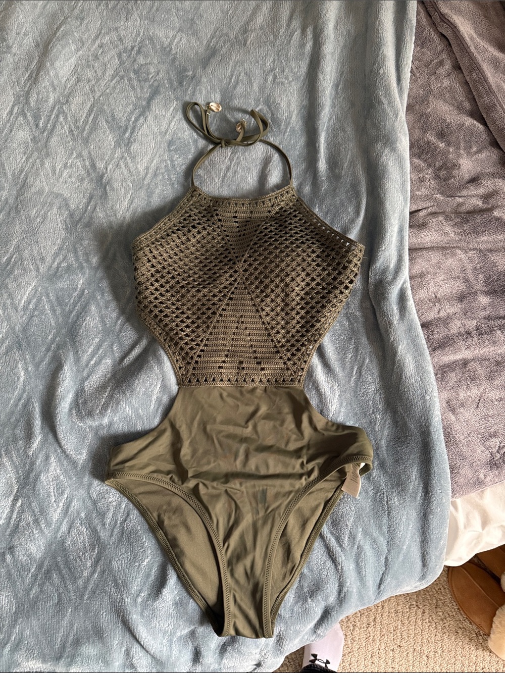 Aerie Olive Green Crochet Halter One-Piece Swimsuit